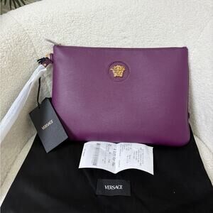 Versace Purple Clutch with Gold Medusa Emblem